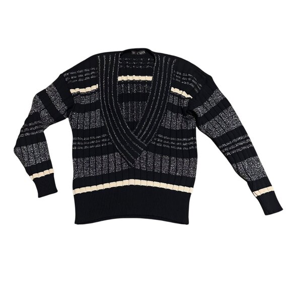Escada Deep V-Neck Pullover Sweater Metallic Stripe Stretch Wool Size 42 Large - Picture 1 of 11